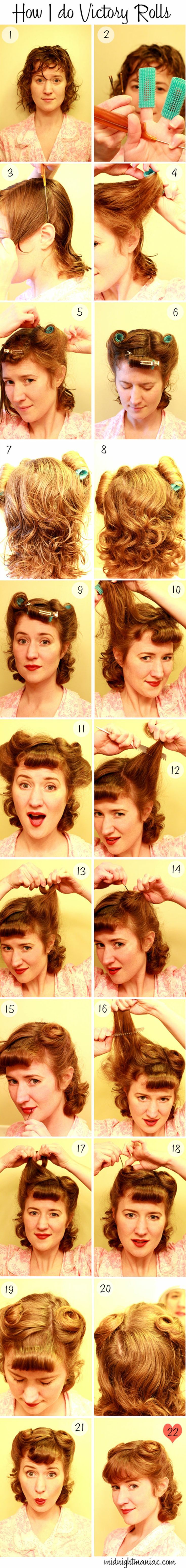 victory rolls retro tutorial Victory Curls, 40s Hair, Victory Roll, Pinup Hair, 1940s Hairstyles, Victory Rolls, Rockabilly Hair, Pin Up Vintage, Pin Up Hair