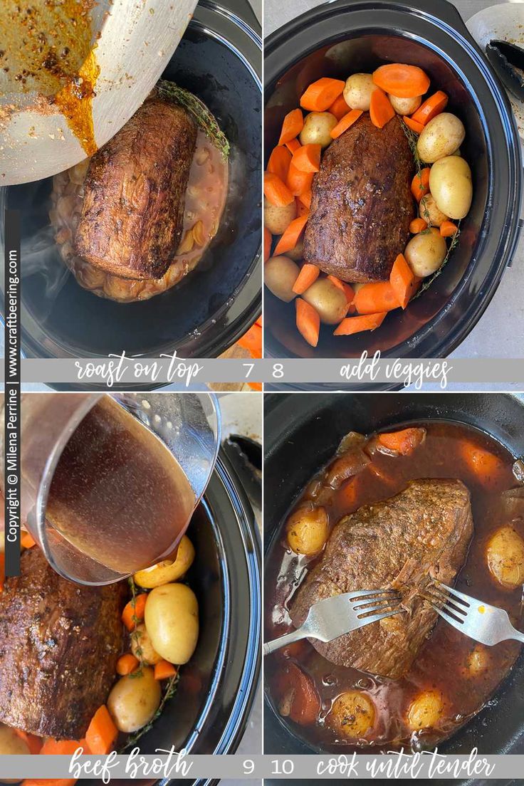 the steps to make pot roast with potatoes, carrots and meat in a slow cooker