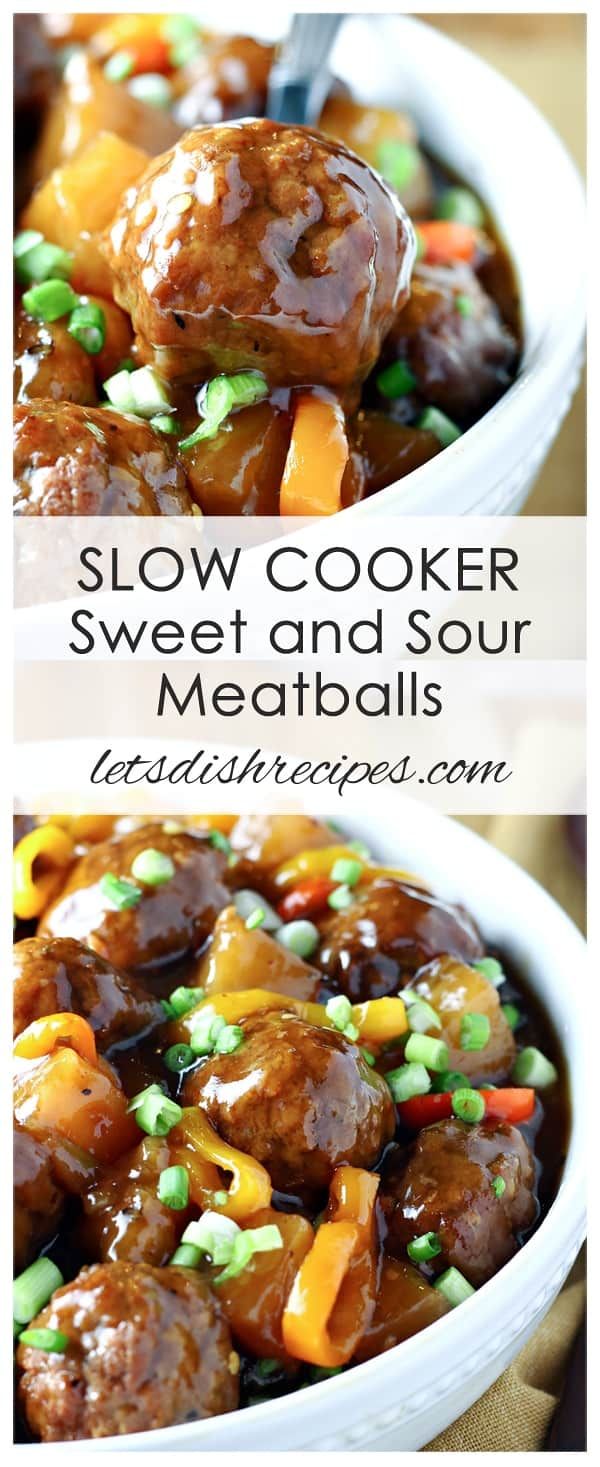 slow cooker meatballs and vegetables in a white bowl with the title above it