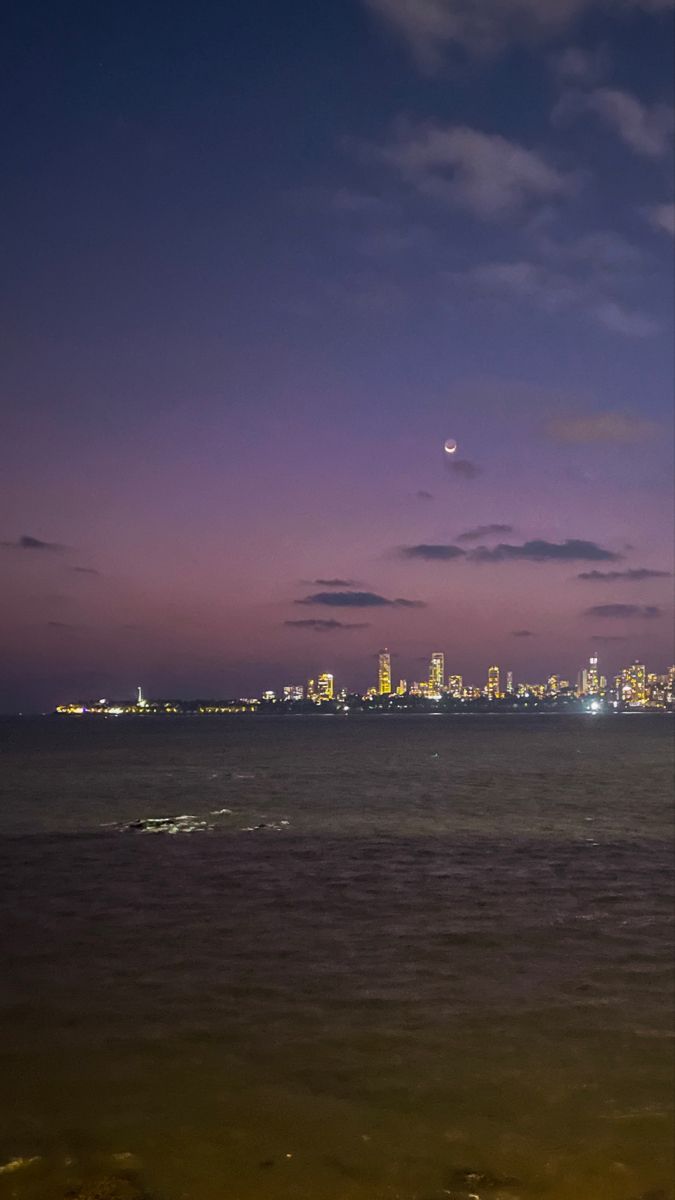 the city skyline is lit up at night as seen from across the water with no clouds