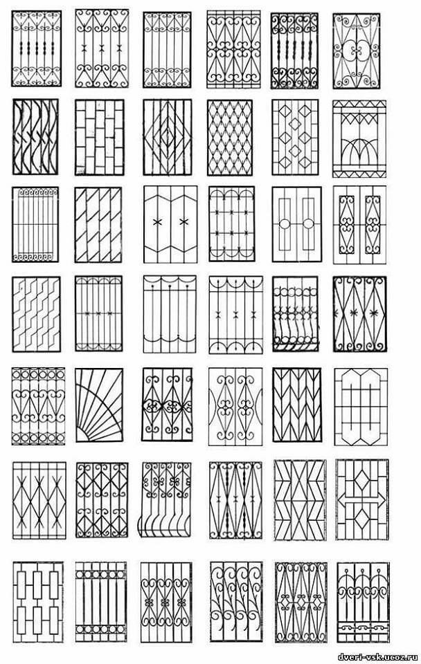 many different types of iron grills and gates, all drawn in black ink on white paper