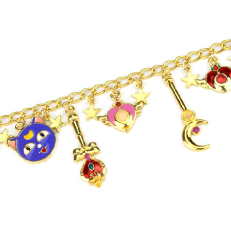 For all our Sailor moon fans, warriors of justice... get your charm bracelet in the name of the moon. Length: 8" + 2" Ext Gold Tone Plating Metal/ Glass/ Enamel Lobster clasp Gold Metal Jewelry For Cosplay, Adjustable Themed Jewelry For Cosplay, Gold Themed Jewelry For Cosplay, Charm Bracelet Tattoo, Promise Bracelet, Tuxedo Mask, Moon Bracelet, Tattoo Bracelet, Moon Charm