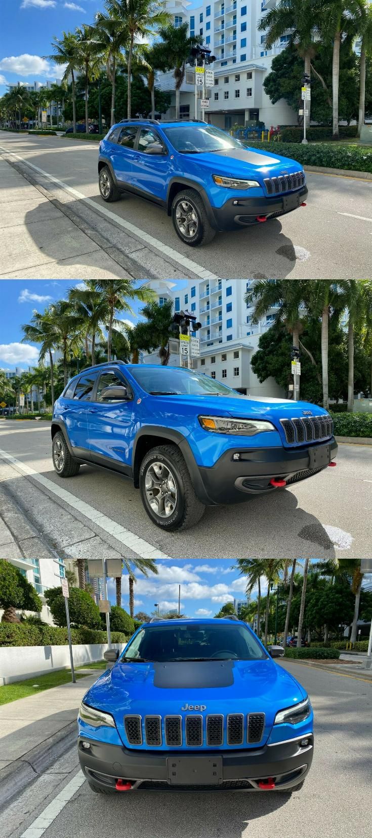 three different views of a blue jeep parked on the street