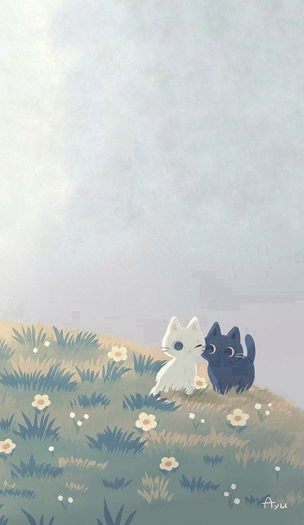 two cats sitting on top of a grass covered hill next to a dog in the distance