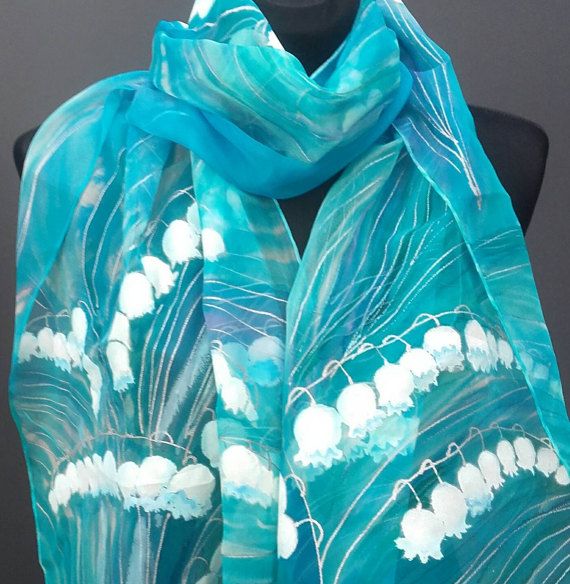 Lily of the Valley hand painted silk chiffon long scarf. Green Silk Scarf, Lily Of The Valley Flowers, Valley Flowers, Hand Painted Scarves, Yellowish Green, Painted Scarf, Art Scarves, Silk Scarf Painting, Pure Chiffon