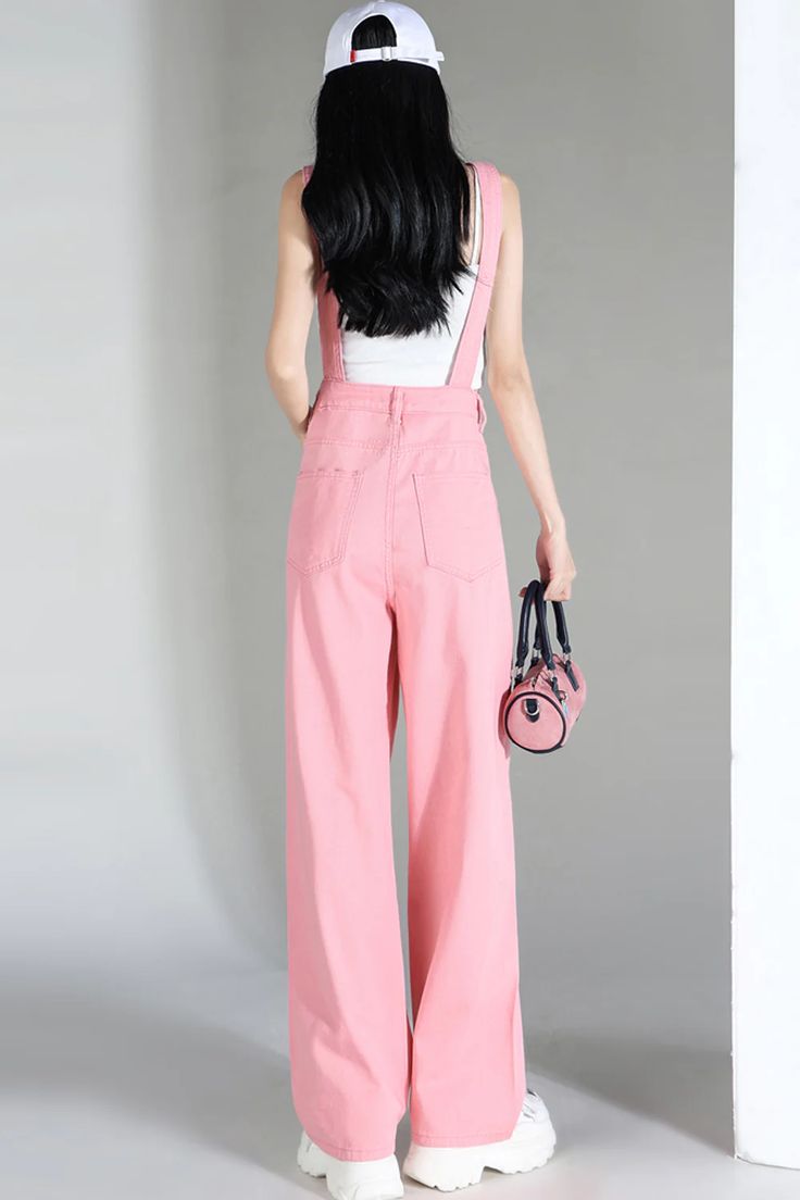 Loose Wide Leg Pink Denim Jumpsuits – Tomscloth Spring Cotton Overalls In Solid Color, Spring Trendy Full-length Denim Jumpsuit, Summer Casual Full-length Denim Jumpsuit, Spring Solid Color Overalls, Trendy Full Length Denim Jumpsuit For Spring, Casual Full-length Denim Jumpsuit For Summer, Pink Full-length Jeans For Summer, Pink Full Length Jeans For Summer, Casual Full-length Jumpsuits And Rompers For Spring