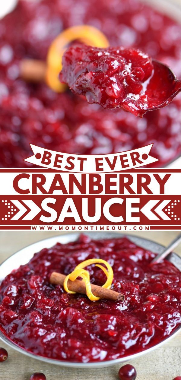 cranberry sauce is being spooned into a bowl with the words 15 minute cranberry sauce on it