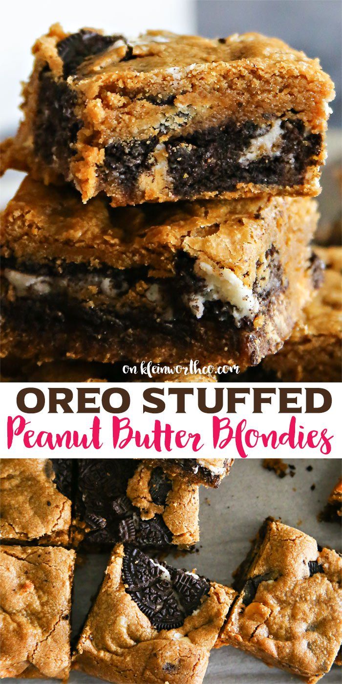 oreo - stuffed peanut butter brownies are stacked on top of each other with the title