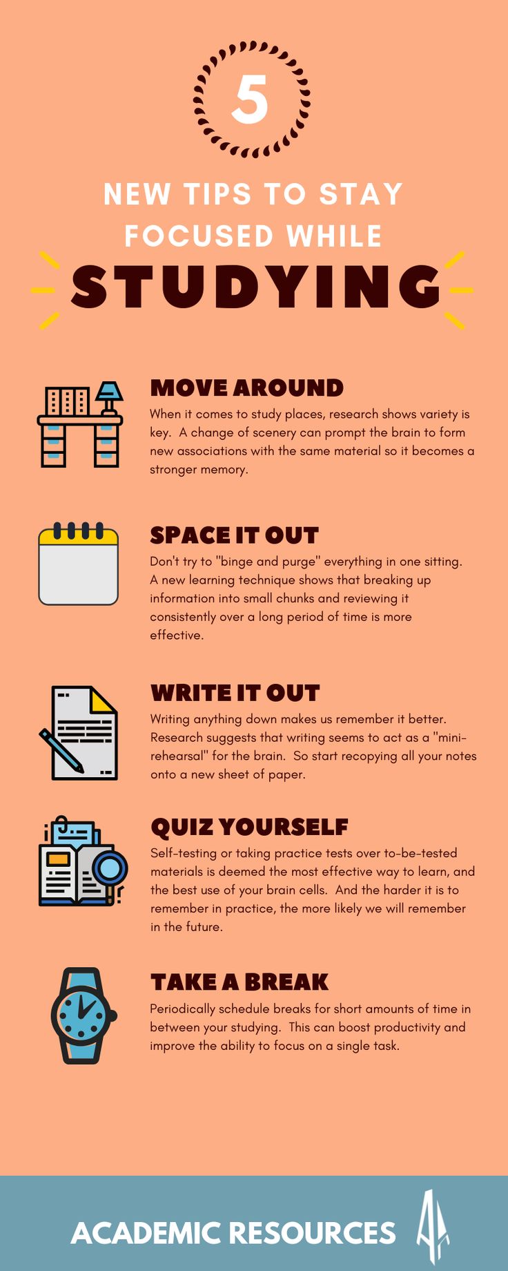 a poster with the words new tips to stay focused while studying