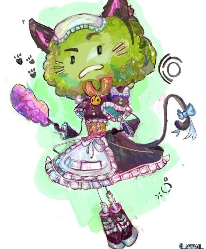 a drawing of a cat dressed in a dress and holding a pink object with one hand