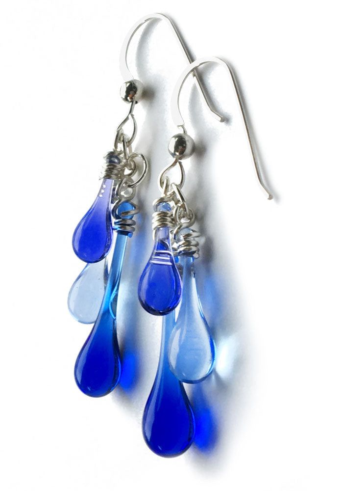 April Showers Trio Earrings - glass Jewelry by Sundrop Jewelry Nickel-free Teardrop Recycled Glass Jewelry, Blue Teardrop Recycled Glass Jewelry, Blue Nickel-free Long Drop Teardrop Earrings, Blue Long Drop Teardrop Earrings With Ear Wire, Blue Recycled Glass Dangle Earrings, Blue Nickel-free Teardrop Earrings, Nickel Free Blue Teardrop Earrings, Blue Nickel-free Drop Earrings, Blue Teardrop Drop Earrings