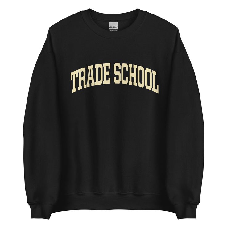 "A quintessential collegiate crewneck. An off-white arched typeface design with a vintage print effect. A warm and classic wardrobe staple. This item is MADE-TO-ORDER upon order placement. All sales final. Please see delivery estimates below. * 50% cotton, 50% polyester * Pre-shrunk * Classic fit * 1x1 athletic rib knit collar with spandex * Air-jet spun yarn with a soft feel and reduced pilling * Double-needle stitched collar, shoulders, armholes, cuffs, and hem * Gildan 18000 crewneck CARE: WA Hardware Fashion, Witch School, Always Forward, Schrift Design, Nerdy Shirts, Trade School, Charm School, Geek Fashion, College Sweatshirt