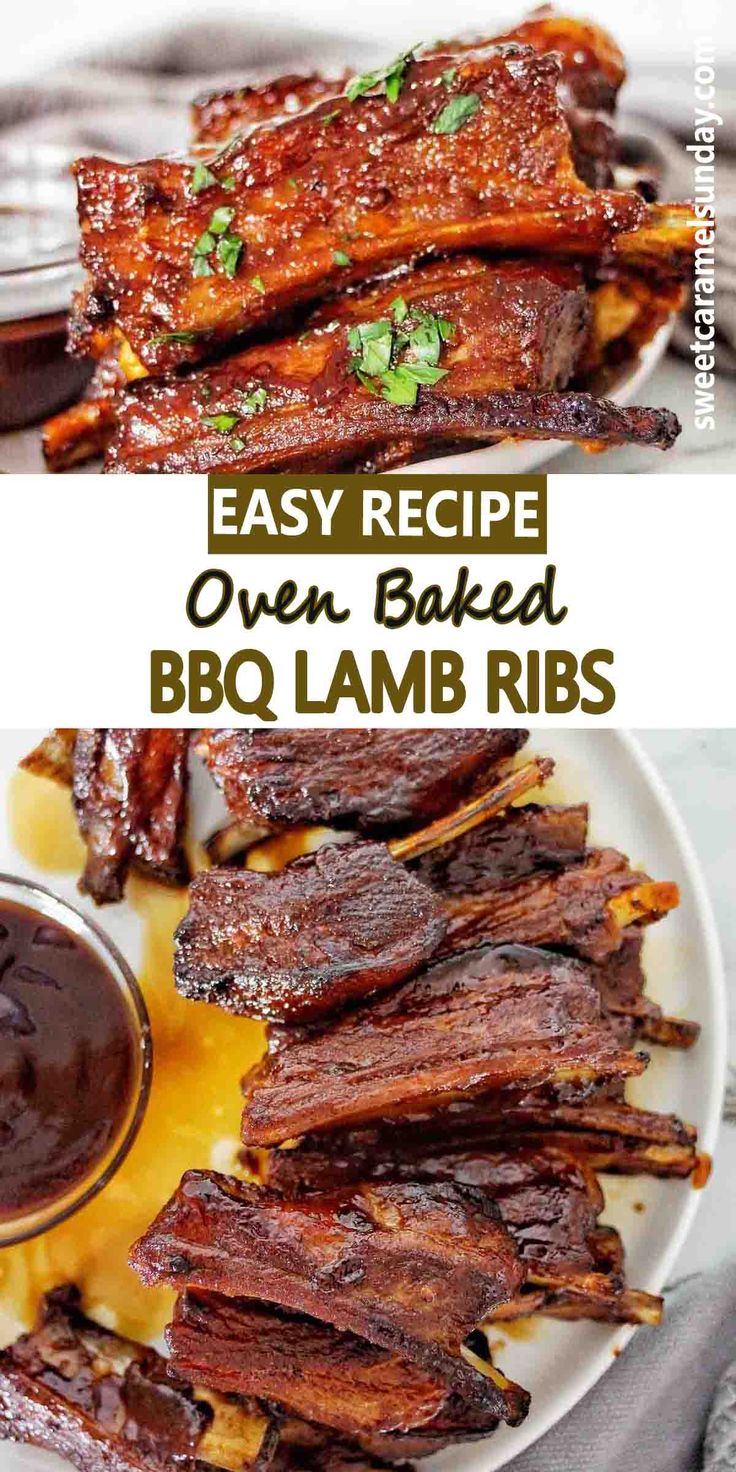 BBQ Lamb Ribs on white plate with text written between 2 images. Bbq Lamb Ribs, Lamb Ribs Recipe Ovens, Riblets Recipe Oven, Lamb Riblets Recipe, Lamb Ribs Recipe, Pork Riblets Recipe, Ribs Recipe Oven, Pork Riblets, Riblets Recipe