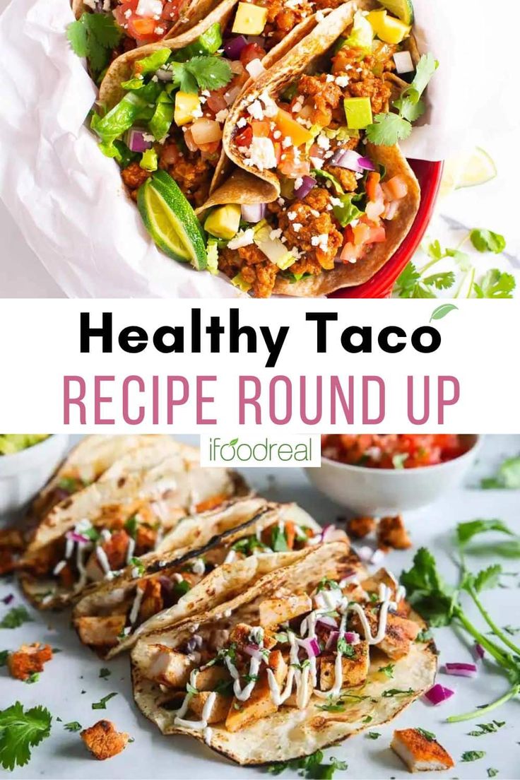 healthy taco recipe round up with text overlay and images above the image in full color