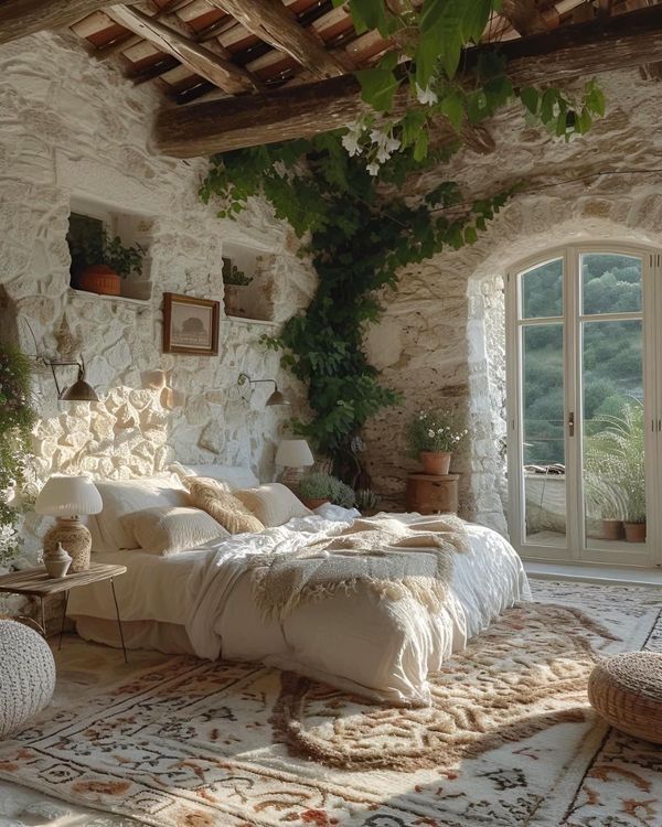 a bedroom with stone walls and an arched doorway leading to a patio area that has potted plants on either side of the bed