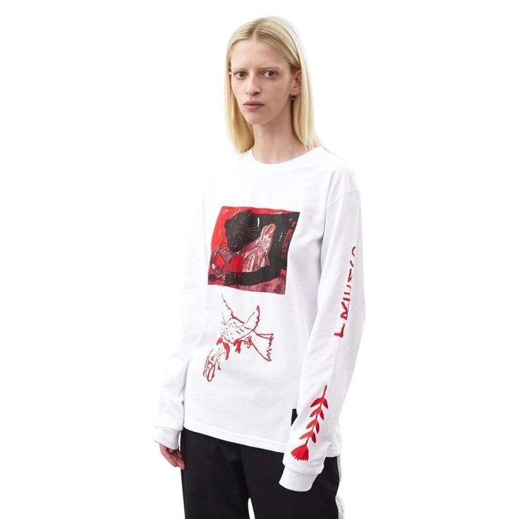 White cotton long sleeve printed SMERT unisex T-shirt with a large front black and red silkscreen print and sleeve print detailing. Collaboration with tattoo artist Nikolai Koshkosh. Item ID: SMETSHIRT Composition: Cotton Hip Hop Long Sleeve Graphic T-shirt, Red Long Sleeve T-shirt With Screen Print, Punk Long Sleeve Tops With Graffiti Print, Long Sleeve Punk Tops With Graffiti Print, White Long Sleeve Punk T-shirt, Unisex Long Sleeve Band Merch T-shirt, Long Sleeve Cotton T-shirt With Printing, Long Sleeve Graffiti Print Top For Streetwear, White Long Sleeve Top With Graffiti Print