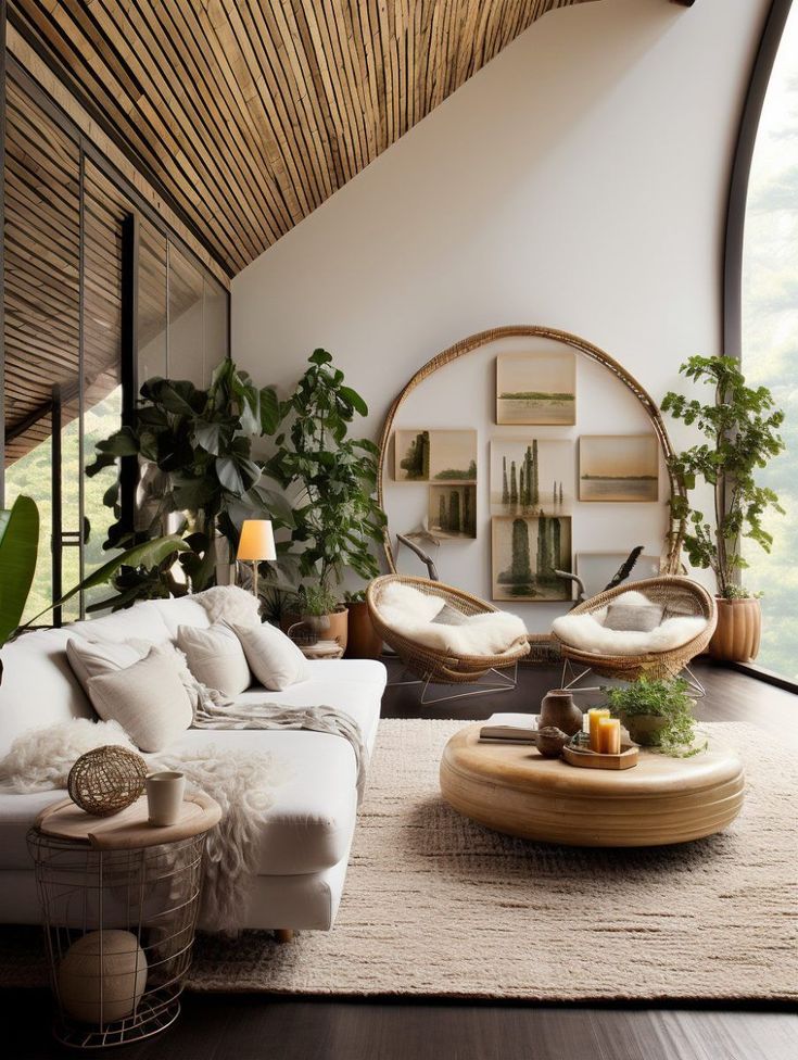 a living room filled with furniture and plants