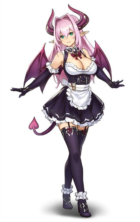 an anime character dressed in black and white with pink hair, wearing a costume that has horns