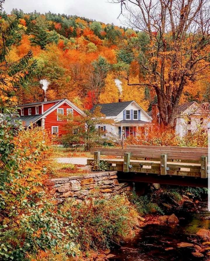 a bridge over a small stream in front of houses and trees with autumn foliage on the hillside