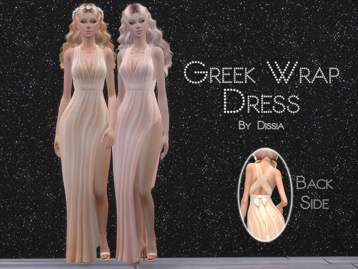 two women in dresses standing next to each other on a black background with the words greek wrap dress