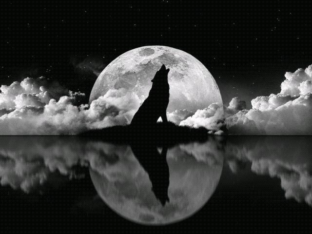 a black and white photo of a wolf sitting in front of a full moon with clouds