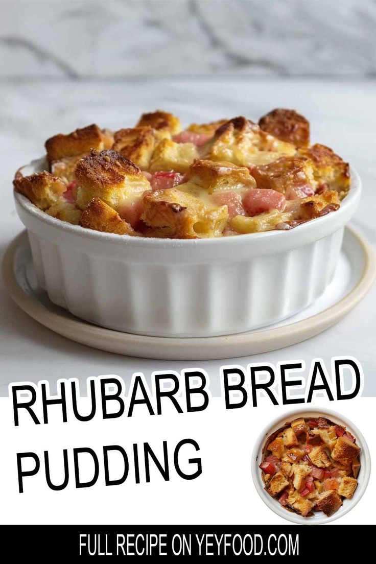 the recipe for rhubarb bread pudding is in a white dish on a plate