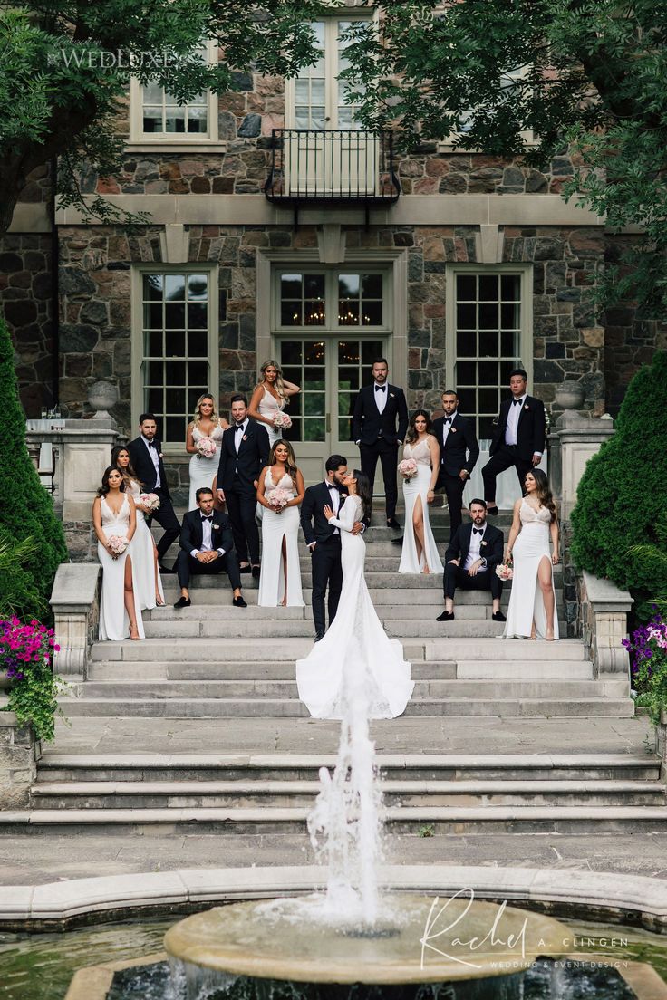 the wedding party is posing on the steps