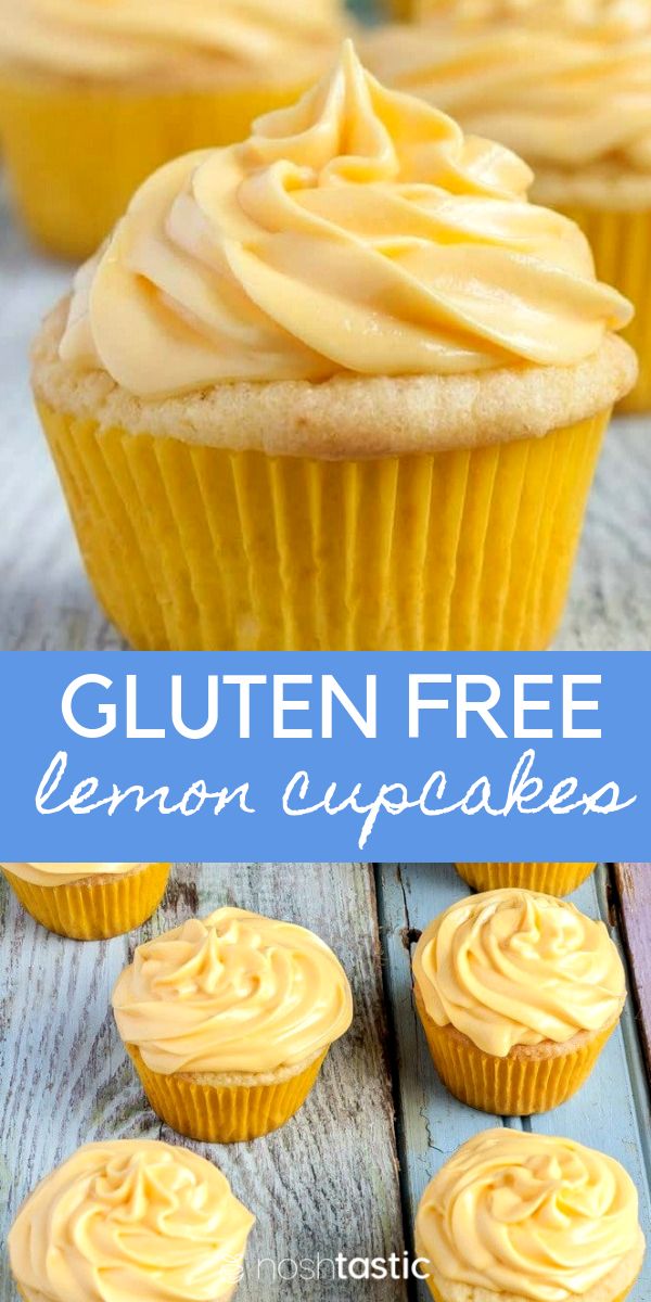 lemon cupcakes with frosting on top and the title overlay reads glutenfree lemon cupcakes