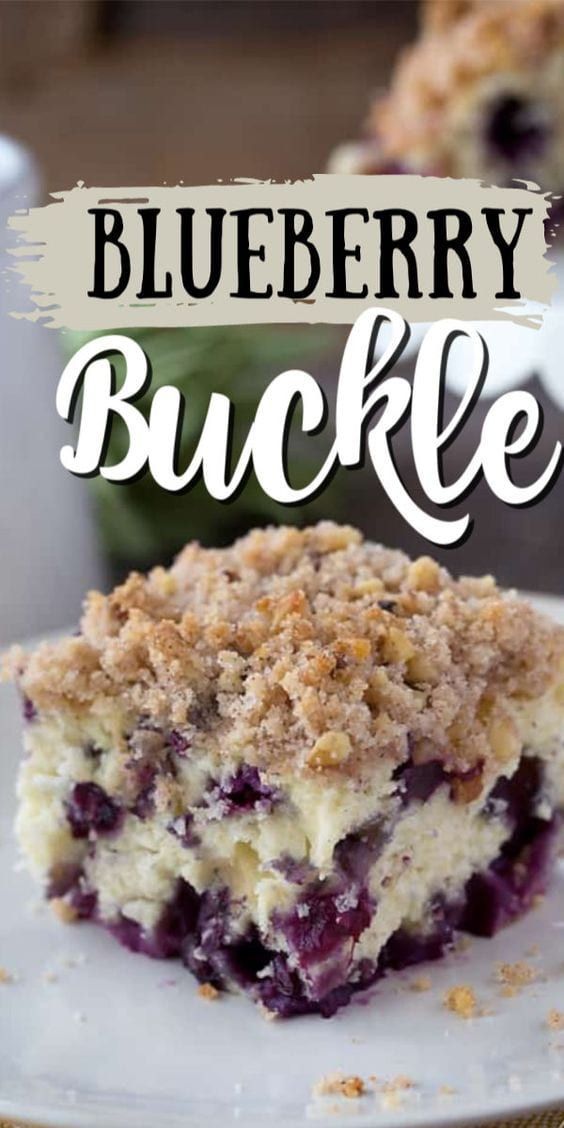 a close up of a slice of blueberry bucklee on a plate with the title above it