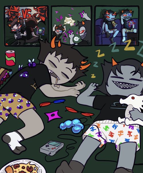 two cartoon characters laying on the floor with food and drinks in front of their faces