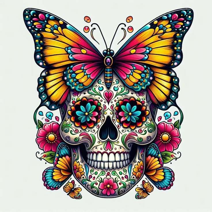 a skull with a butterfly on it's head