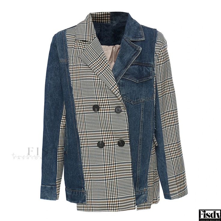 Fisdy - Unique Irregular Grid Pattern Denim Jacket with Distinctive Denim Patchwork Pastel Cardigan, Denim Patterns, Denim Blazer, Puffy Jacket, Denim Patchwork, New Fashion Trends, Double Breasted Blazer, Patchwork Designs, High Fashion Street Style