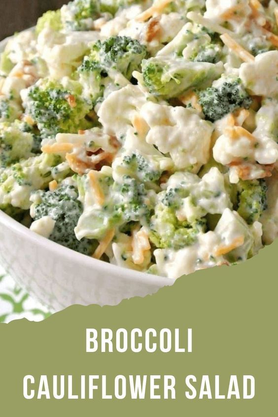 broccoli cauliflower salad in a white bowl