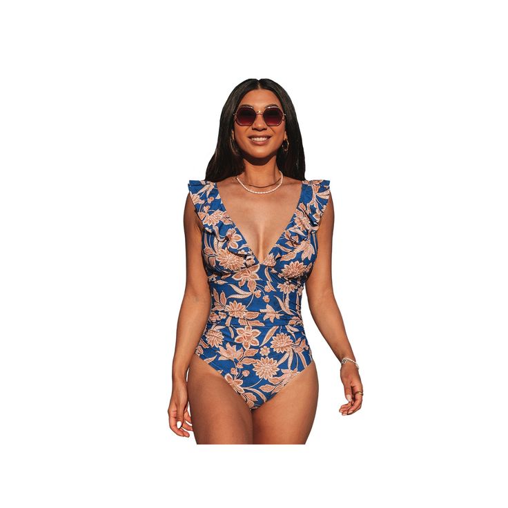 Look and feel great at the pool or beach in this Women's CUPSHE Floral Tummy Control Ruffled One-Piece Swimsuit.Click on this WOMEN'S GUIDE to find the perfect fit and more! Look and feel great at the pool or beach in this Women's CUPSHE Floral Tummy Control Ruffled One-Piece Swimsuit.Click on this WOMEN'S GUIDE to find the perfect fit and more! FEATURES Plunge V-neck Ruffled neckline Moderate coverage Removable cups Tummy control Back tie closure Lined gussetFABRIC & CARE Nylon, spandex Lining: Blue Printed Swimwear For Pool, Sleeveless Ruffled Swimwear For Vacation, Beachy Bodysuit With Lined Body For Pool, Summer Beach Bodysuit With Ruffles, Beachy Ruffle Tankini For Pool, Beachy Ruffled Tankini For Pool, Tropical One-piece Swimwear With Ruffles, Sleeveless Ruffle Swimwear For Pool, Blue Lined Swimwear For Vacation