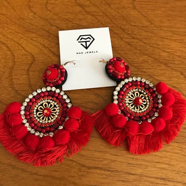 Look At These Beauties! Brand New In Package! Never Worn! Red Fringe Bohemian Earrings From Mad Jewels. Just A Little Too Big For Me, So My Loss Is Your Gain! They Are About 2.5”-3” In Diameter At The Widest Point. Hook Back Style. Accented With Rhinestones, Gold, And That Awesome Red Pom Pom And Fringe! Don’t Let These Get Away! Offers Welcome. Red Earrings For Summer Party, Red Summer Party Jewelry, Red Drop Earrings With Latkans, Elegant Red Beaded Earrings For Festival, Elegant Red Earrings For Festival, Traditional Red Jewelry For Summer, Red Beaded Earrings With Latkans For Gift, Red Festive Earrings For Summer, Red Beaded Earrings For Summer Festival