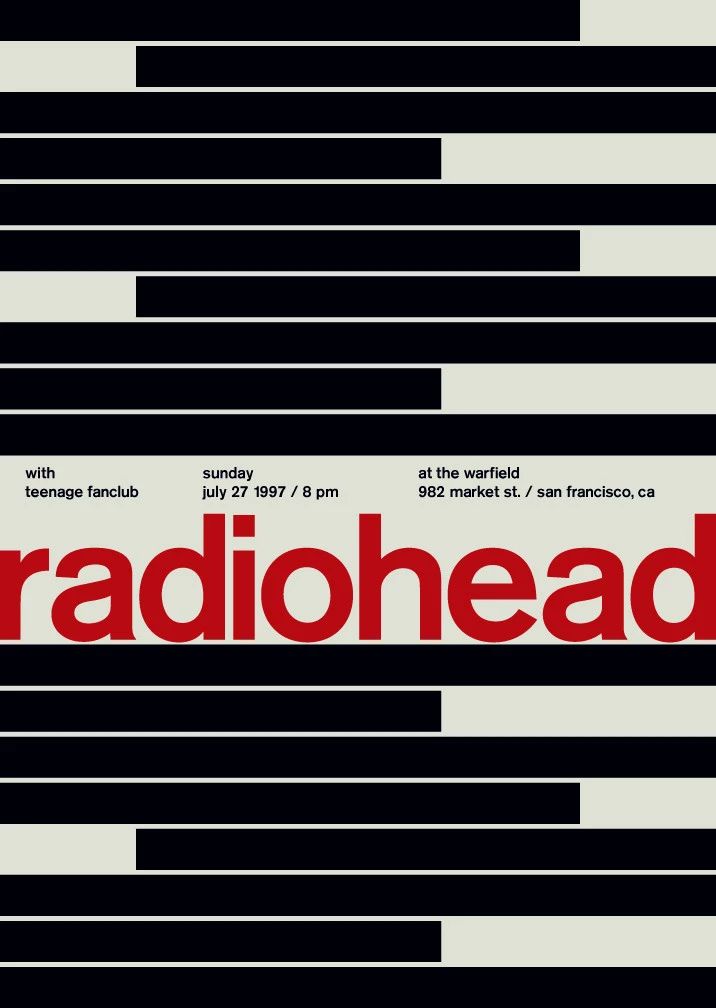 the radiohead logo is shown in red and black on a white background with words below it