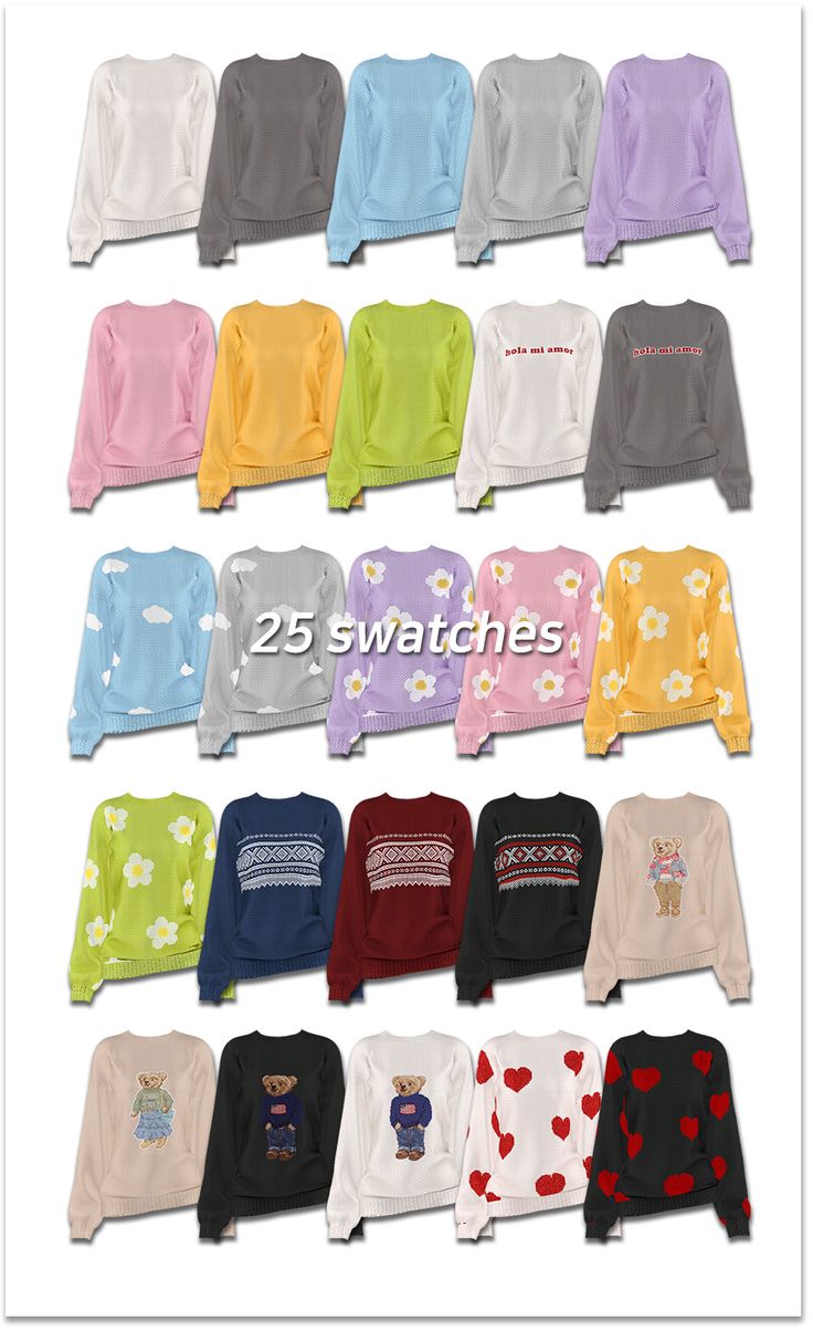 the sweaters are all different colors and sizes, but one has hearts on it