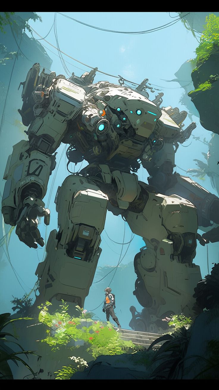 a giant robot standing in the middle of a forest