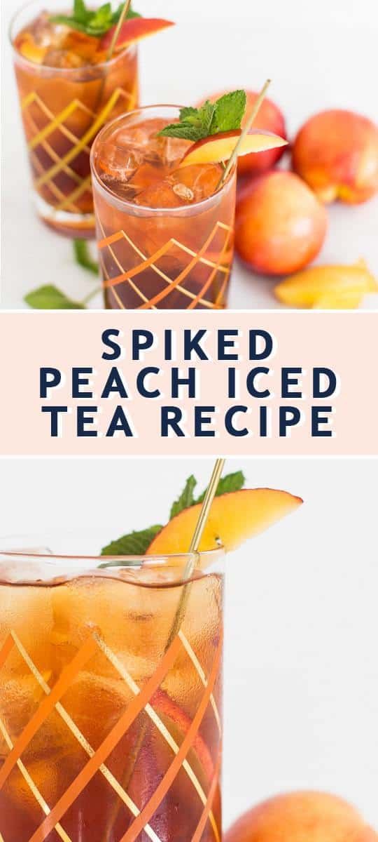 two glasses filled with peach iced tea and mint garnish