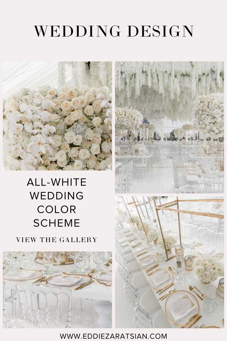 the wedding design is all white and has flowers on it, along with gold chairs