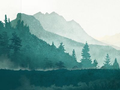 a painting of trees and mountains in the distance with fog coming off from behind them