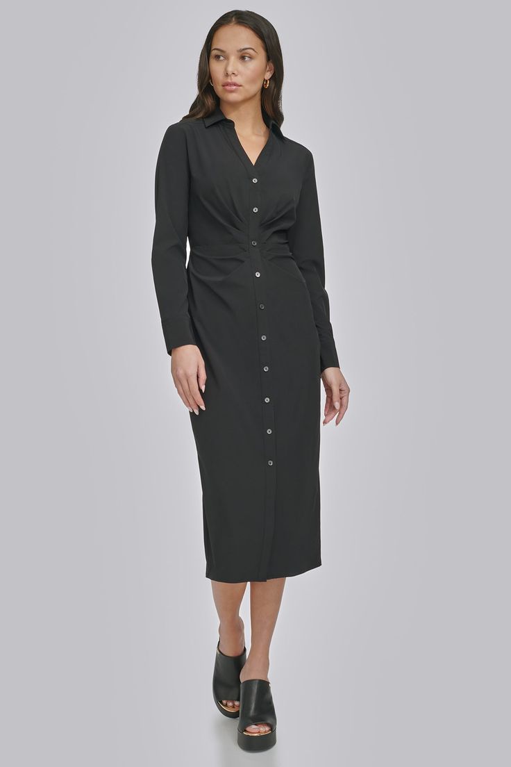 Long sleeve Midi length Button front closure Classic collar Ruching Hem hits below knee Origins: Imported Style: DD3LD534 | DKNY Women's Front Ruching Dress in Black Size 6 Ruching Dress, Long Sleeve Midi, Ruched Dress, Summer Sale, Midi Length, Dress Outfits, Shop Now, Size 10, Size 6