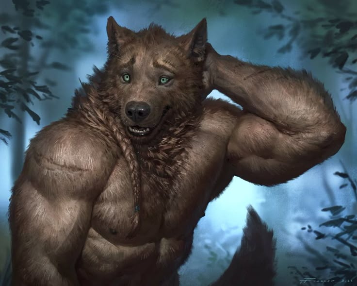 an image of a man with a big muscular dog on his back in the woods