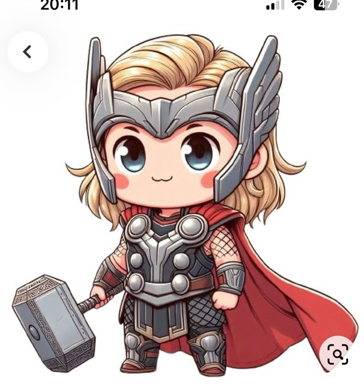 a cartoon character holding a hammer and wearing a thor costume on his head, with the caption's name below it