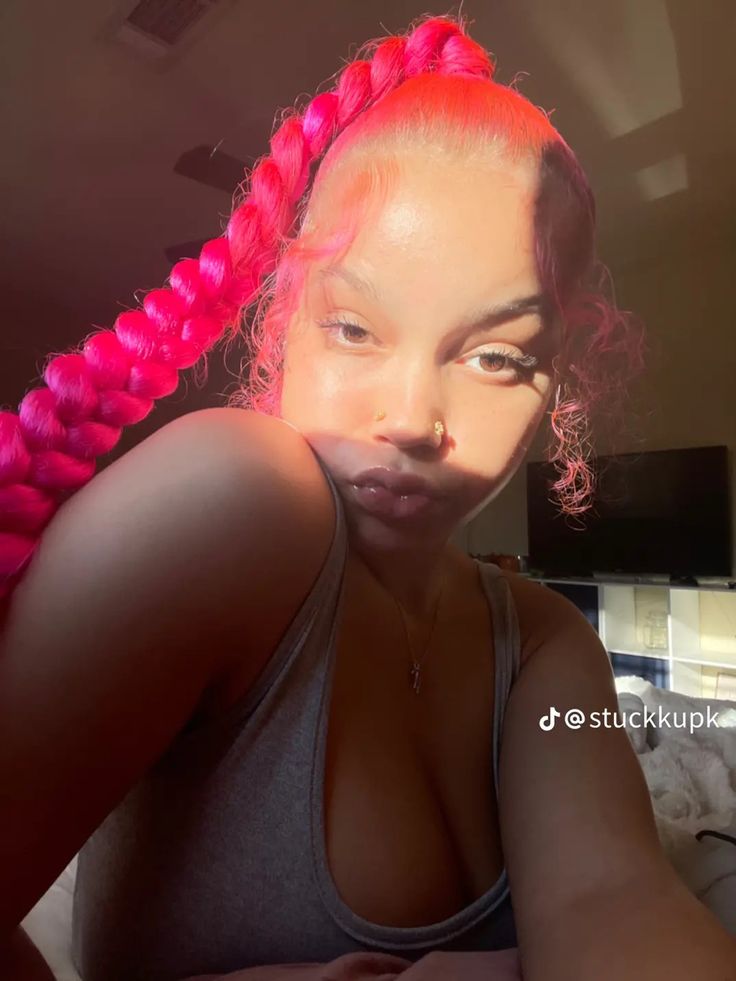 Braided Pink Hair Hairstyles, Pink Ponytail Black Women, Pink Hair Black Women Braids, Feed In Braids Color, Pink Braided Ponytail, Pink Hairstyles Black Women, Pink Hair Braids, Pink Braids Black Women, Two Feed In Braids