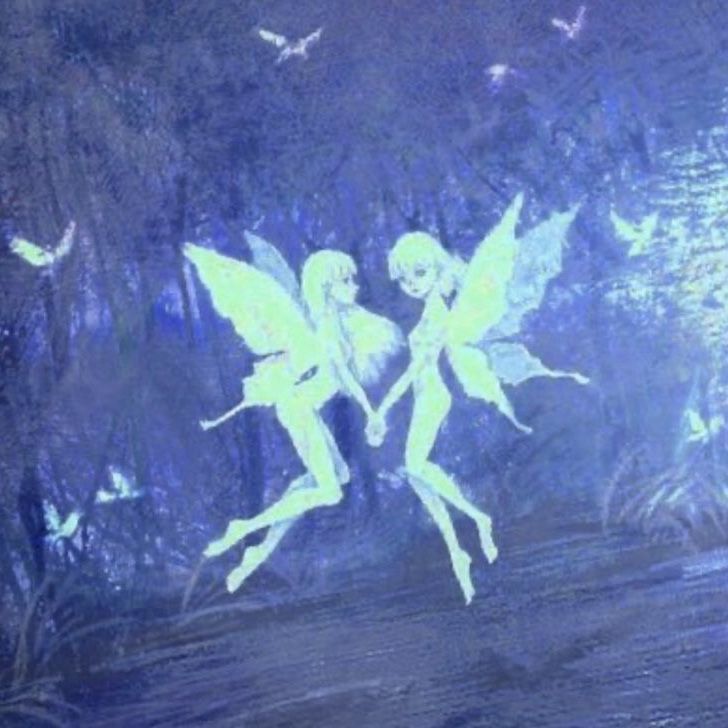 two fairy tinkerbells are flying in the air over water with trees and birds