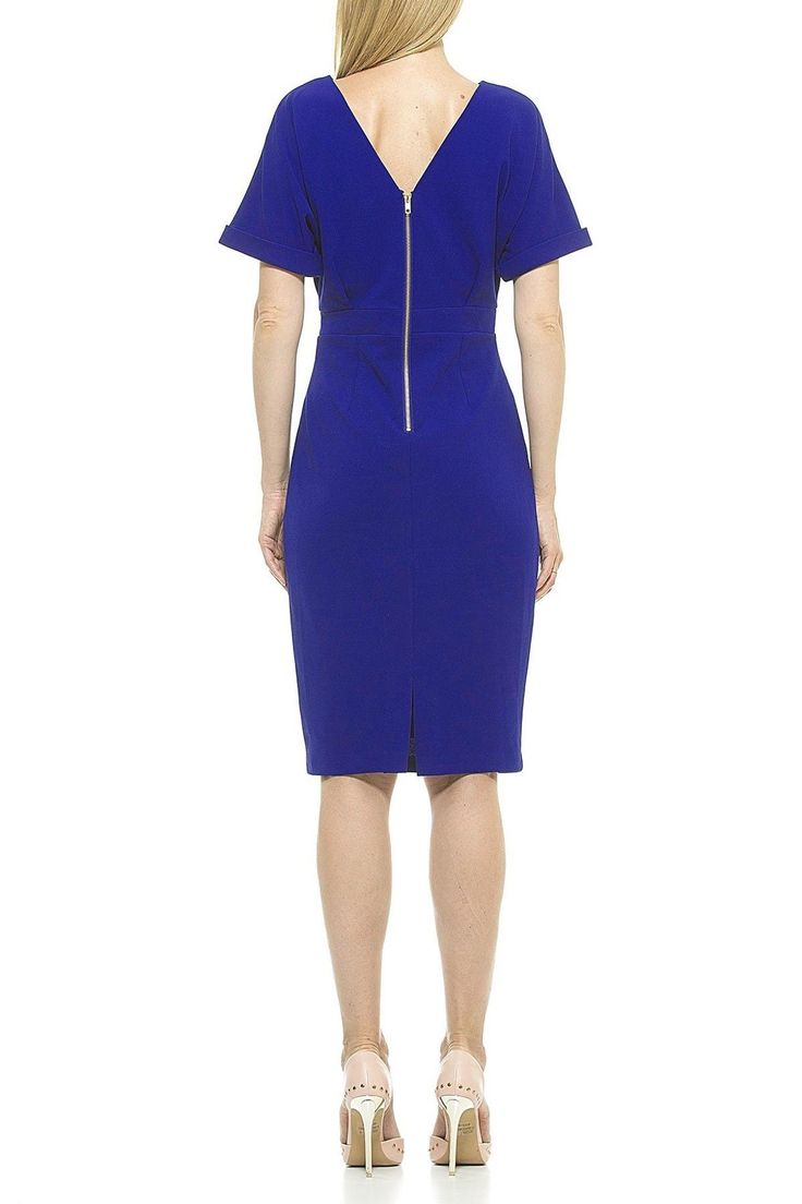 Stylish and sleek, this midi length dress features dolman sleeves and a chic V-back cut.Fit: this style fits true to size. Bodycon V-neck Dress With Side Zipper, Fitted Midi Dress With Invisible Zipper, Fitted Chic Midi Dress, Midi Length Bodycon Dress With Back Zipper, Elegant V-neck Dress With Zipper Closure, Chic Fitted Midi Dress With Zipper Closure, Chic Fitted Midi Dress With Zipper, Chic Formal Dresses With Zipper Closure, Sheath Dress With Side Zipper For Night Out