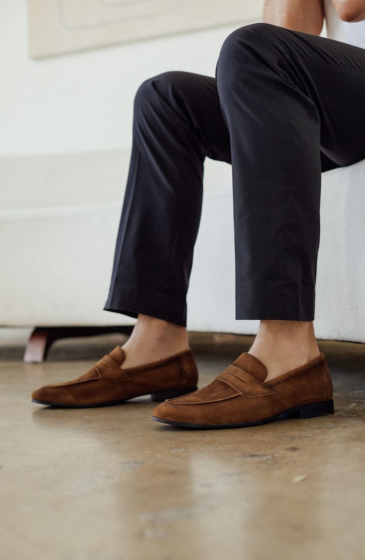 Complete your office ensembles with this classic penny loafer fashioned from soft suede. Leather upper and lining/rubber sole Imported Brown Penny Loafers Men Outfit, Men’s Dress Shoes, Men’s Loafers, Brown Loafers Men Outfit, Old Money Shoes Men, Mens Loafers Outfit, Suede Loafers Men Outfit, Men’s Loafers Outfit, Penny Loafers Men Outfit