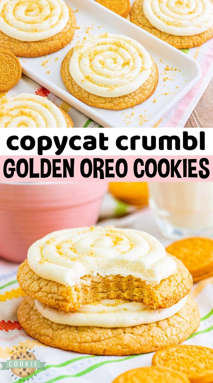 an image of some cookies with frosting on them and the words copycat crumbl golden oreo cookies