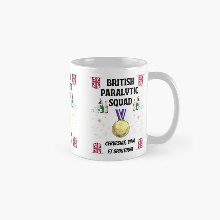 the british paralytic squad mug is shown on a white background with gold and silver medals